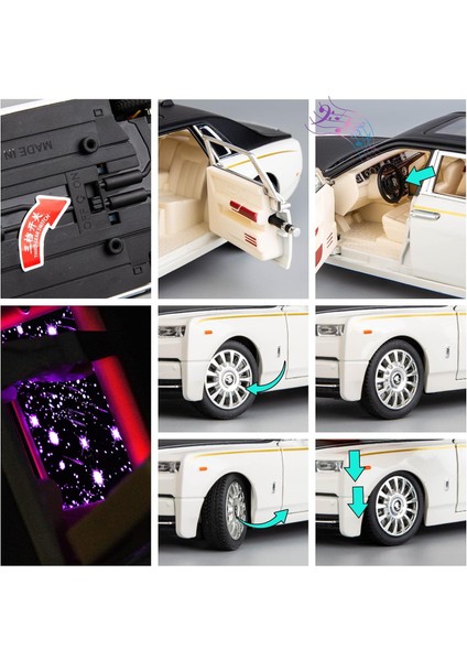 1/24 Rolls-Royce Phantom Model Araba, Çinko Alaşım Geri Çekin Oyuncak Döküm Oyuncak Arabalar Ses ve Işık ile Çocuklar Için Erkek Kız Hediye (Beyaz-Siyah) (Yurt Dışından)