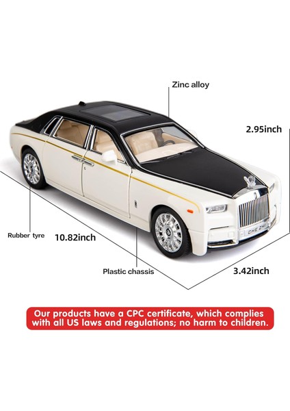 1/24 Rolls-Royce Phantom Model Araba, Çinko Alaşım Geri Çekin Oyuncak Döküm Oyuncak Arabalar Ses ve Işık ile Çocuklar Için Erkek Kız Hediye (Beyaz-Siyah) (Yurt Dışından)