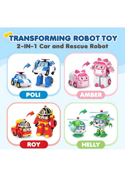 2 Paket Poli + Helly Dönüşen Robot Oyuncaklar, 4 "dönüştürülebilir Aksiyon Figürü Oyuncak, Acil Durum Araç Playset, Tatil Doğum Günü Kurtarma Ekibi Araba Oyuncakları Erkekler Kızl (Yurt Dışından)