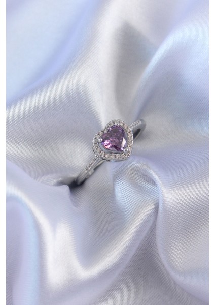 Gümüş Renk Mor Zirkon Taşlı Kalp Charm Model Pirinç Kadın Yüzük - TJ-BYK2618