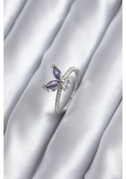 Gümüş Renk Zirkon Taşlı Kelebek Model Kadın Yüzük - TJ-BYK2839