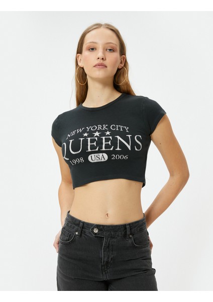 Crop Baskılı Tişört Bisiklet Yaka Kısa Kollu Pamuklu Slim Fit