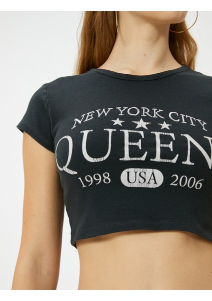 Crop Baskılı Tişört Bisiklet Yaka Kısa Kollu Pamuklu Slim Fit indirimleri