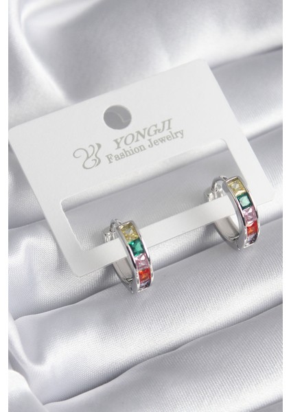 Pirinç Gümüş Renk Renkli Zirkon Taşlı Kadın Küpe - TJ-BKP8347