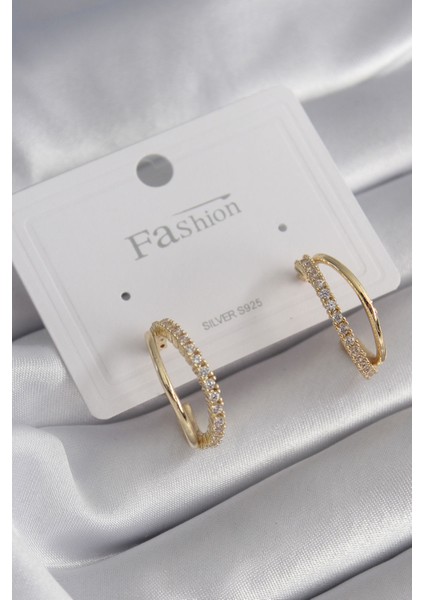 Pirinç Gold Renk Zirkon Taşlı Kadın Küpe - TJ-BKP8426