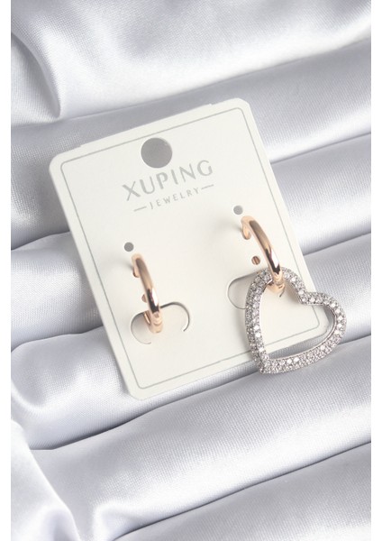 Pirinç Gold Gümüş Renk Zirkon Taşlı Kalp Model Xuping Kadın Küpe - TJ-BKP8409