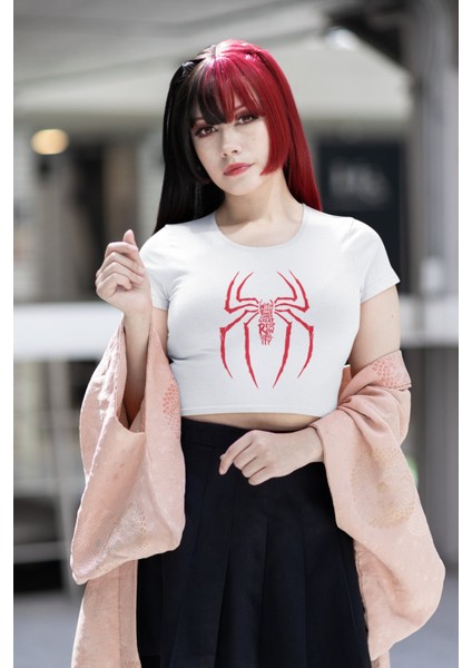 Yazılı Örümcek Baskılı Crop Top, Spider-Man Baskılı Crop Bluz
