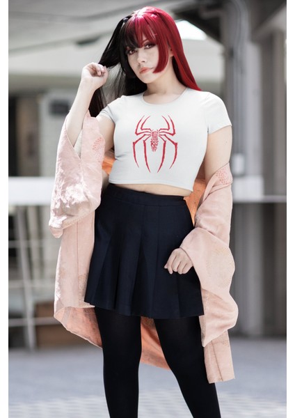 Yazılı Örümcek Baskılı Crop Top, Spider-Man Baskılı Crop Bluz