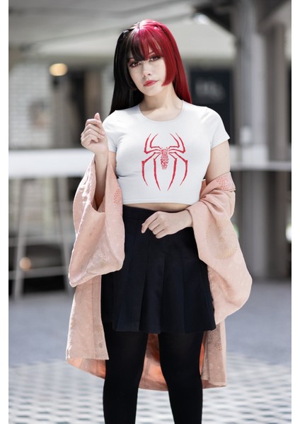 Yazılı Örümcek Baskılı Crop Top, Spider-Man Baskılı Crop Bluz