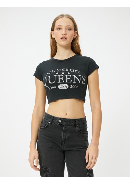 Crop Baskılı Tişört Bisiklet Yaka Kısa Kollu Pamuklu Slim Fit modelleri