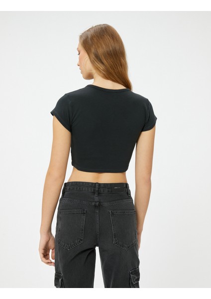 Crop Baskılı Tişört Bisiklet Yaka Kısa Kollu Pamuklu Slim Fit fırsatları