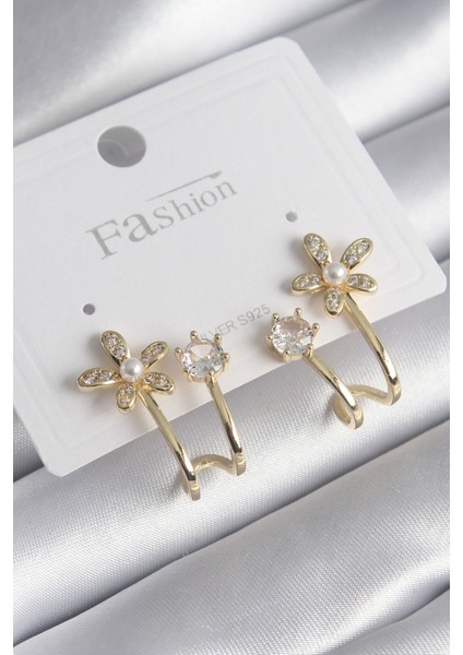 Pirinç Gold Renk Zirkon Taşlı Çiçek Model Inci Detay Kadın Küpe - TJ-BKP8517