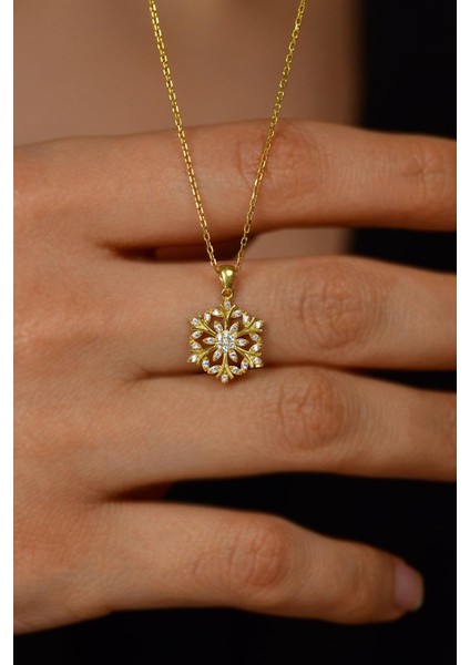 Zirkon Taşlı Gold Kar Tanesi Gümüş Kolye
