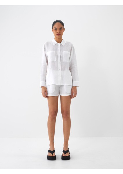 %100 Keten Beli Lastikli Regular Fit Şort