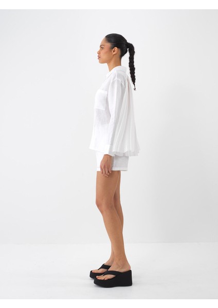 %100 Keten Beli Lastikli Regular Fit Şort