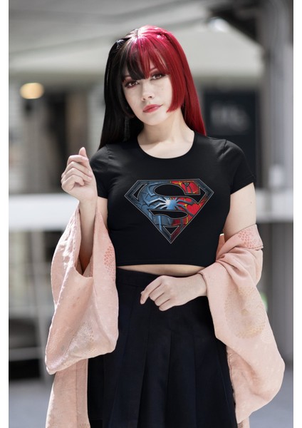 Spiderman Süperman Logo Baskılı Crop Top, Örümcek Adam Baskılı Crop Bluz