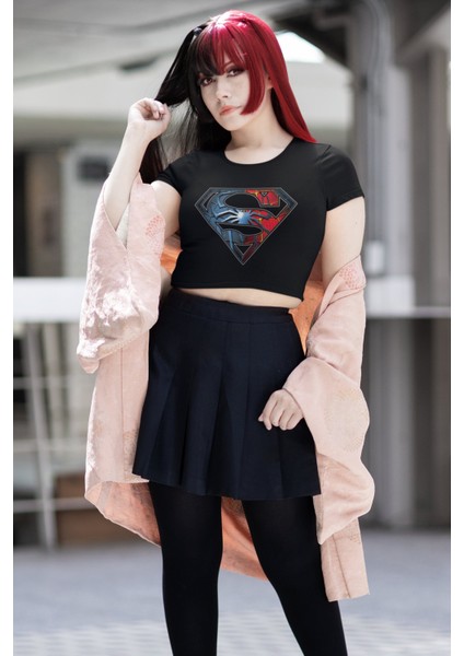 Spiderman Süperman Logo Baskılı Crop Top, Örümcek Adam Baskılı Crop Bluz