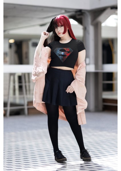 Spiderman Süperman Logo Baskılı Crop Top, Örümcek Adam Baskılı Crop Bluz