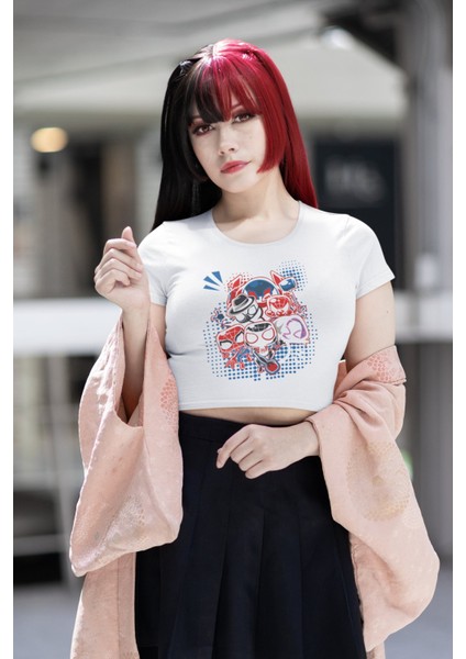 Fuddy Moda Sevimli Spiderverse Karakterleri Baskılı Crop Top, Örümcek Adam Baskılı Crop Bluz