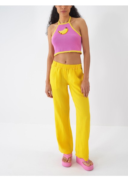%100 Keten Beli Lastikli Regular Fit Pantolon
