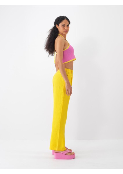 %100 Keten Beli Lastikli Regular Fit Pantolon