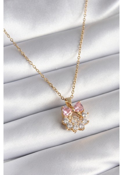 316L Çelik Gold Renk Pembe Zirkon Taşlı Kurdele Model Kadın Kolye - TJ-BKO8263