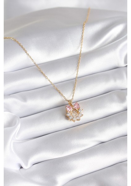 316L Çelik Gold Renk Pembe Zirkon Taşlı Kurdele Model Kadın Kolye - TJ-BKO8263 fiyatları