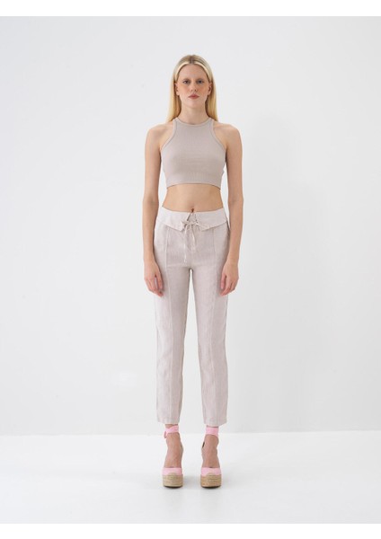 %100 Keten Regular Fit Bağcıklı Pantolon
