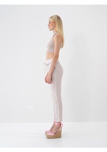%100 Keten Regular Fit Bağcıklı Pantolon