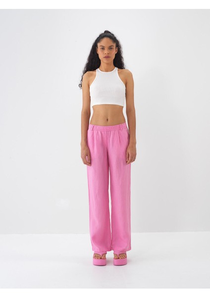%100 Keten Beli Lastikli Regular Fit Pantolon