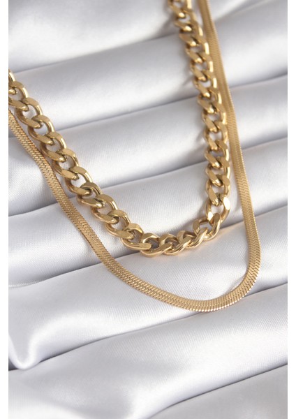 316L Çelik Gold Renk 2'li Zincir Model Kadın Kolye - TJ-BKO8277