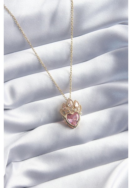 316L Çelik Gold Renk Pembe Zirkon Taşlı Kalp Model Kadın Kolye - TJ-BKO8075