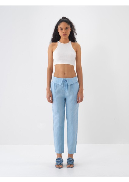 %100 Keten Regular Fit Bağcıklı Pantolon