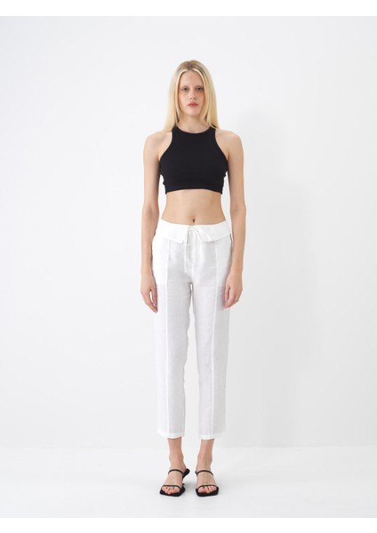 %100 Keten Regular Fit Bağcıklı Pantolon