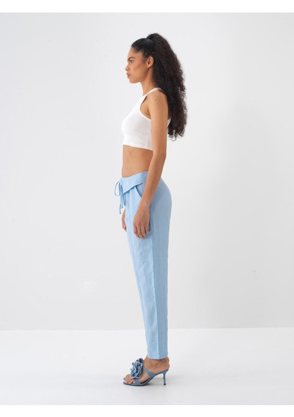 %100 Keten Regular Fit Bağcıklı Pantolon