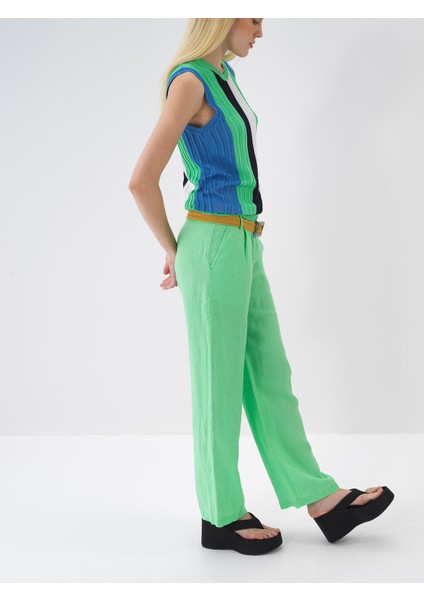 %100 Keten Beli Lastikli Regular Fit Pantolon