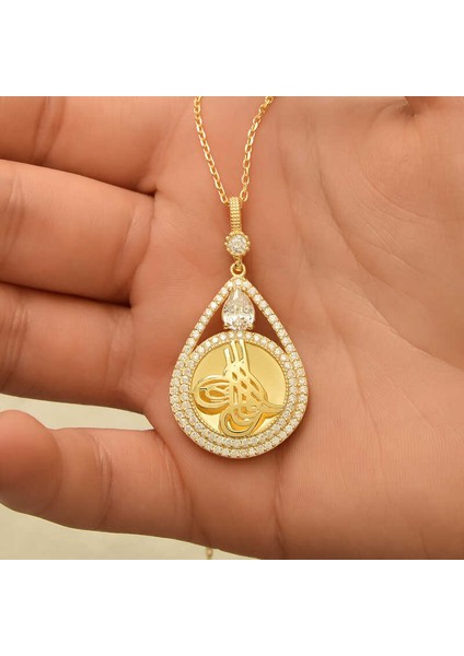 925 Ayar Gümüş Gold Kaplama Damla Tuğralı Kadın Kolye