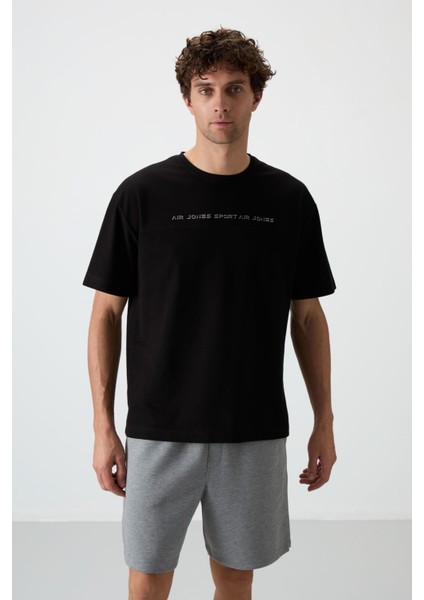 Siyah Pamuklu Kalın Yüzeyi Dokulu Oversize Fit Baskılı Erkek T-Shirt - 88371