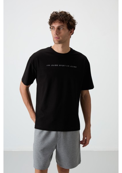 Siyah Pamuklu Kalın Yüzeyi Dokulu Oversize Fit Baskılı Erkek T-Shirt - 88371