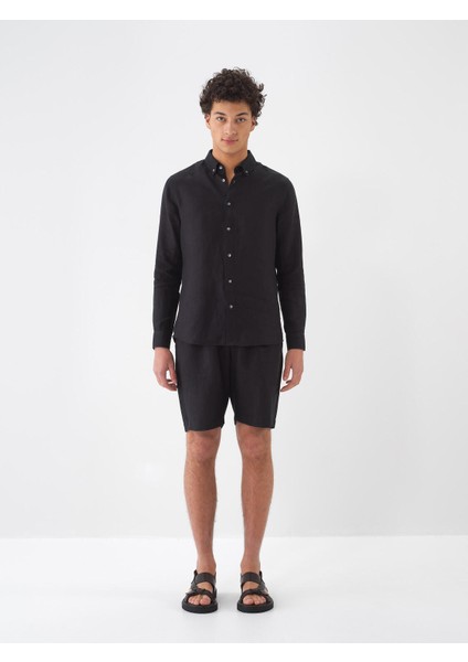 %100 Keten Regular Fit Basic Şort