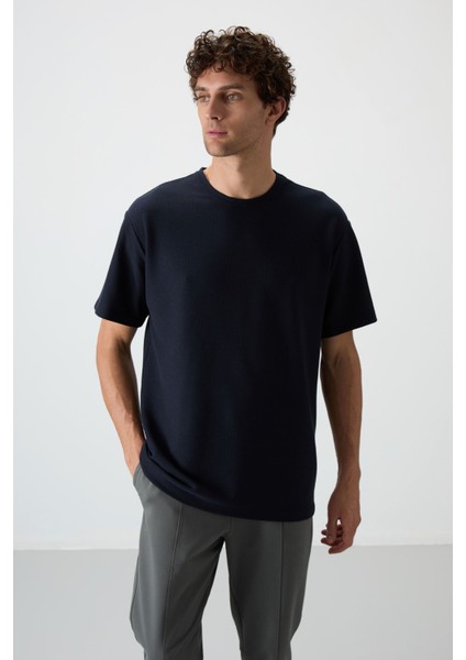 Lacivert Waffle İnterlok Yüzeyi Dokulu Oversize Fit Basic Erkek T-Shirt - 88379