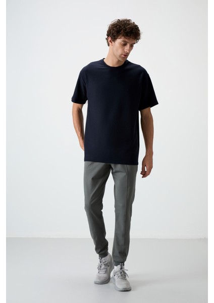 Lacivert Waffle İnterlok Yüzeyi Dokulu Oversize Fit Basic Erkek T-Shirt - 88379 modelleri