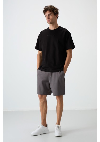 Siyah Pamuklu Kalın Yüzeyi Dokulu Oversize Fit Baskılı Erkek T-Shirt - 88364