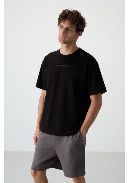 Siyah Pamuklu Kalın Yüzeyi Dokulu Oversize Fit Baskılı Erkek T-Shirt - 88364