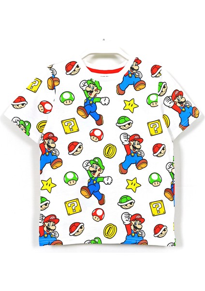 360 Derece Super Mario Bross Baskılı Erkek Çocuk T-Shirt 3-10 Yaş Beyaz 001-0001873
