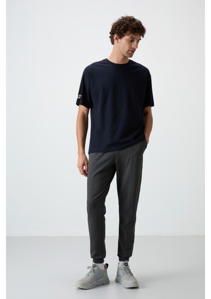 Lacivert Pamuklu Kalın Yüzeyi Dokulu Oversize Fit Baskılı Erkek T-Shirt - 88369 fiyatları