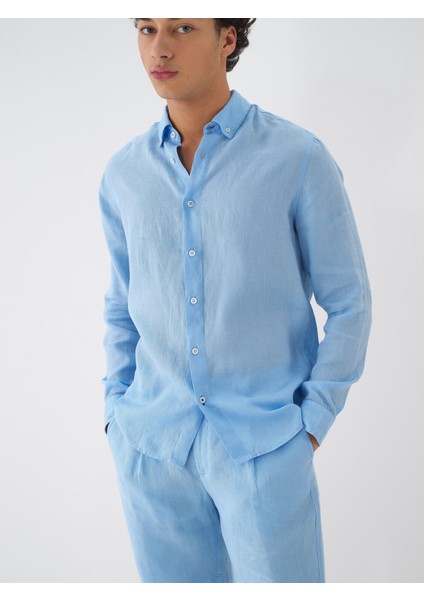 %100 Keten Regular Fit Basic Gömlek