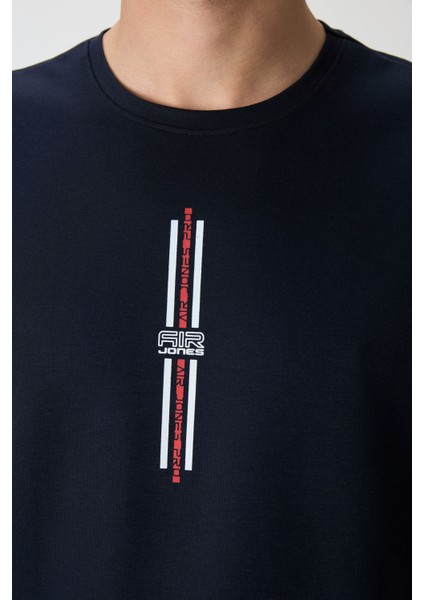 Lacivert Pamuklu Kalın Yüzeyi Dokulu Oversize Fit Baskılı Erkek T-Shirt - 88366