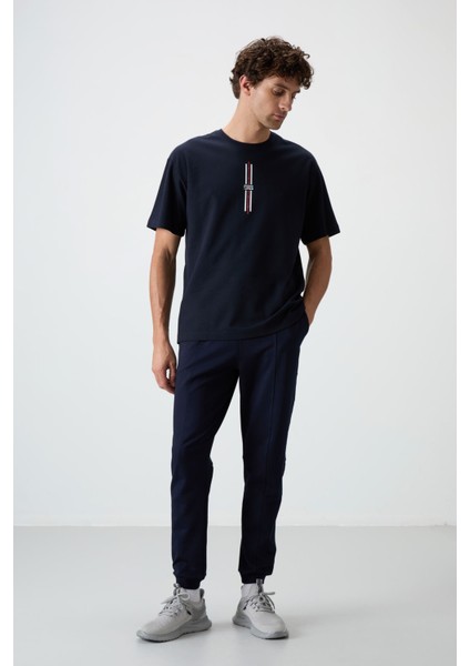 Lacivert Pamuklu Kalın Yüzeyi Dokulu Oversize Fit Baskılı Erkek T-Shirt - 88366