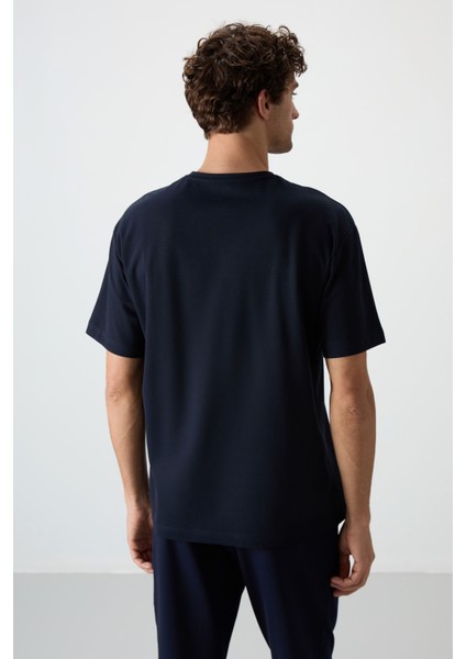 Lacivert Pamuklu Kalın Yüzeyi Dokulu Oversize Fit Baskılı Erkek T-Shirt - 88366
